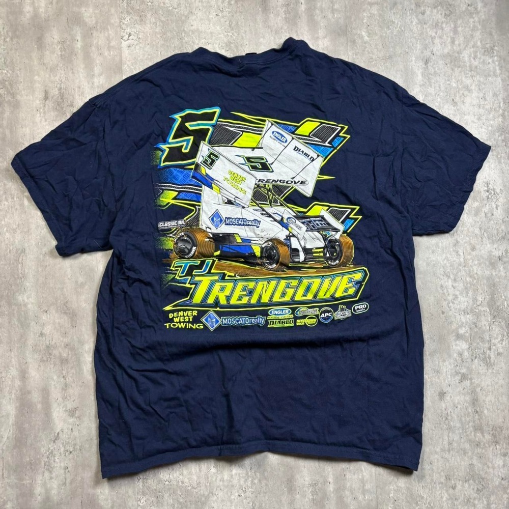 Gildan Racing Tee Mens XL Navy Blue Excellent TJ Trengove Motorsports Sprint Car